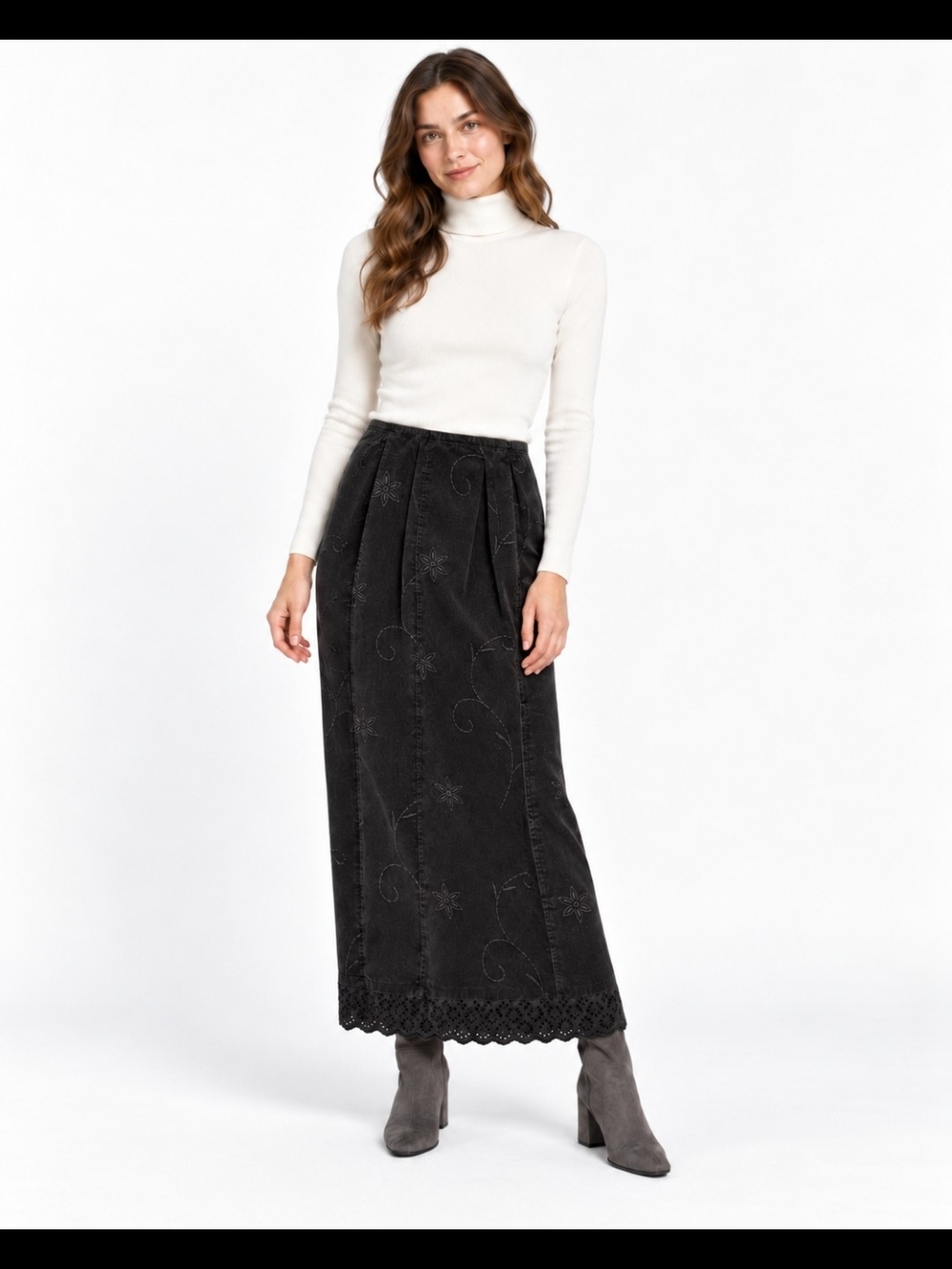 April Cornell Y2K Grey Cotton Velvet Embroidered Maxi Skirt Romantic Goth
